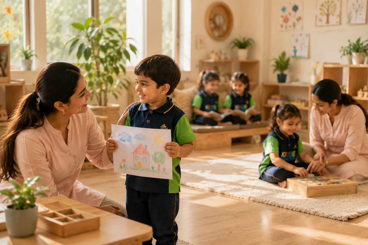 A Kiddie Junction teacher kneeling to admire a drawing a small boy is showing her